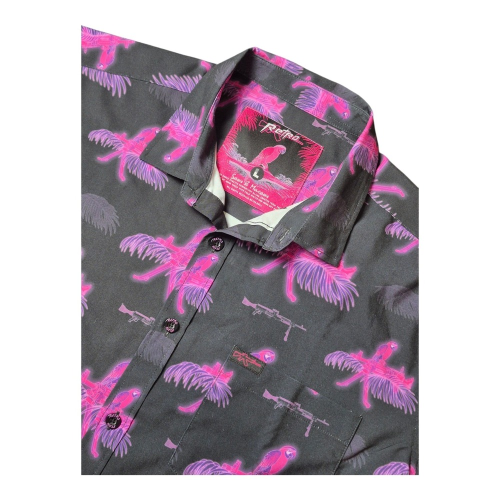 Retro Rifle Men's L Black Pink Parrot Rifle Print Button Shirt Stretch